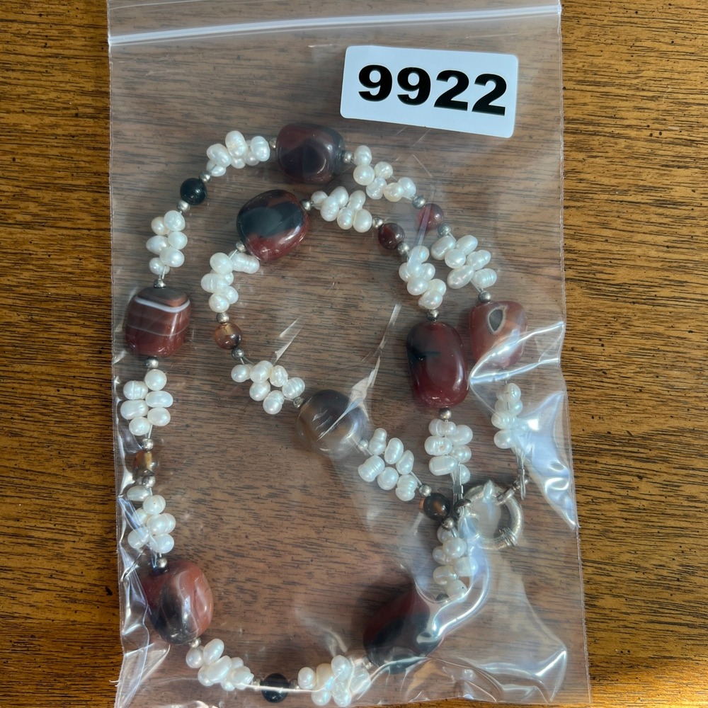 Freshwater Pearl Carnelian Necklace White Red Agate Beaded Boho Statement - Picture 9 of 9